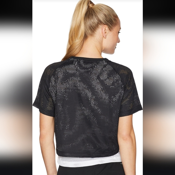 ADIDAS SMALL ID Mesh Crop Top black white logo shortsleeved women's - Picture 3 of 7